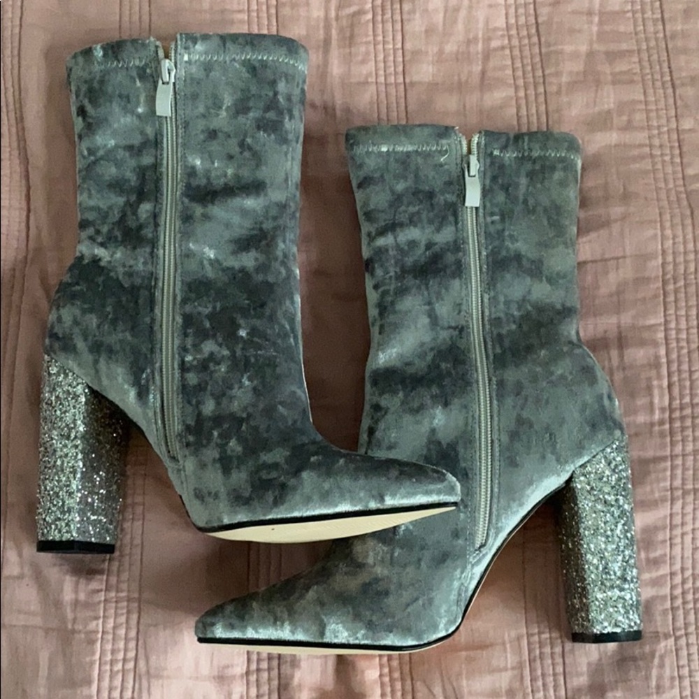 Grey suede, sparkly heel, calf high booties - Picture 5 of 5